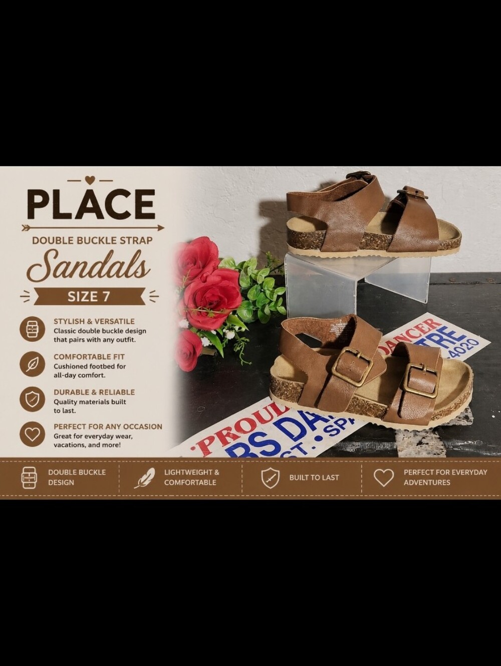 PLACE Size 7 Double Buckle Strap Sandle Brown